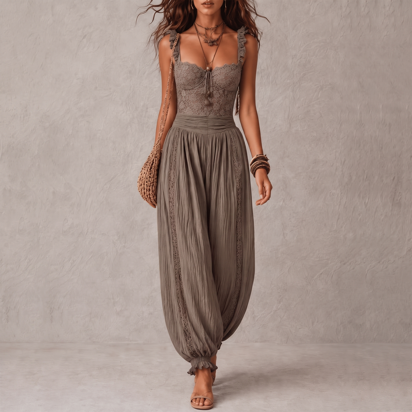 Siena | Conjunto Bandeau de Encaje y Pantalones Harem de Algodón Plisados