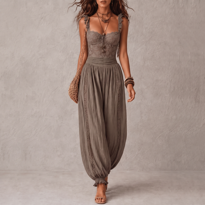 Siena | Conjunto Bandeau de Encaje y Pantalones Harem de Algodón Plisados