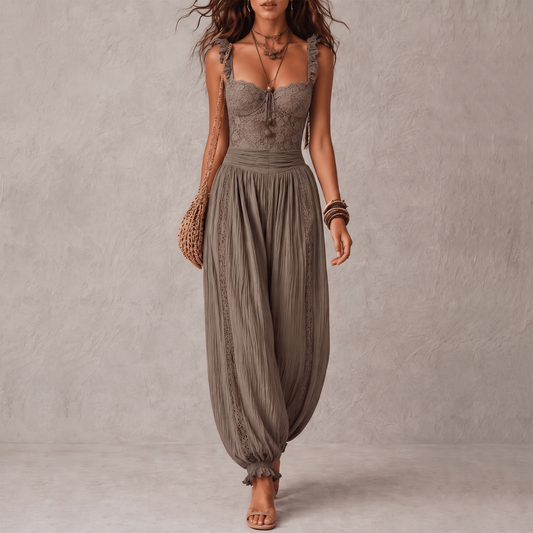 Siena | Conjunto Bandeau de Encaje y Pantalones Harem de Algodón Plisados