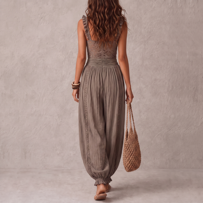 Siena | Conjunto Bandeau de Encaje y Pantalones Harem de Algodón Plisados